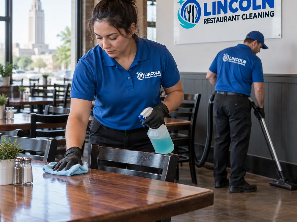 Cleaner sanitizing restaurant tables while another worker details dining room edges
