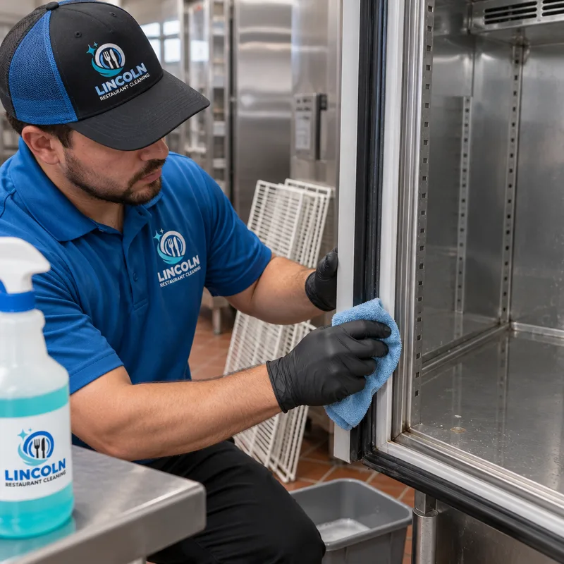Technician cleaning commercial prep-cooler door gaskets and thresholds