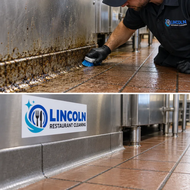 Cleaned floor edges and coved base behind a cook line after grease removal