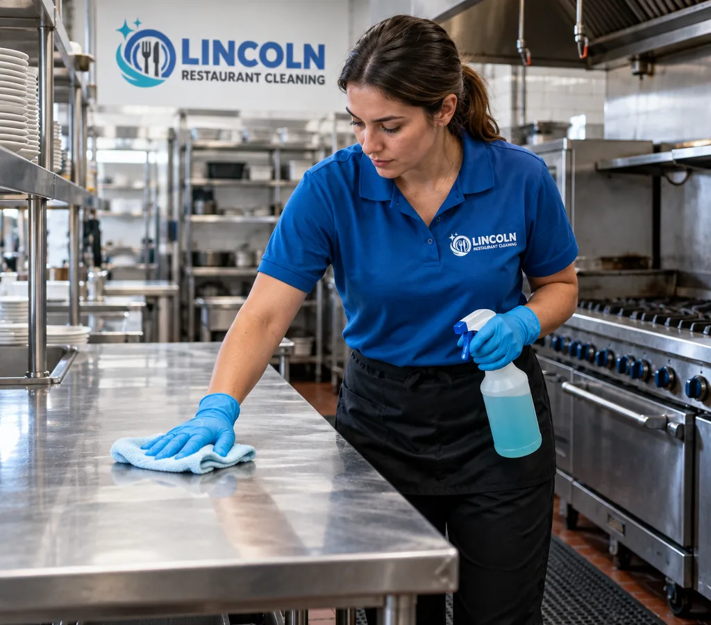 Professional cleaner in PPE wiping a stainless prep table beside a commercial range and hood after service