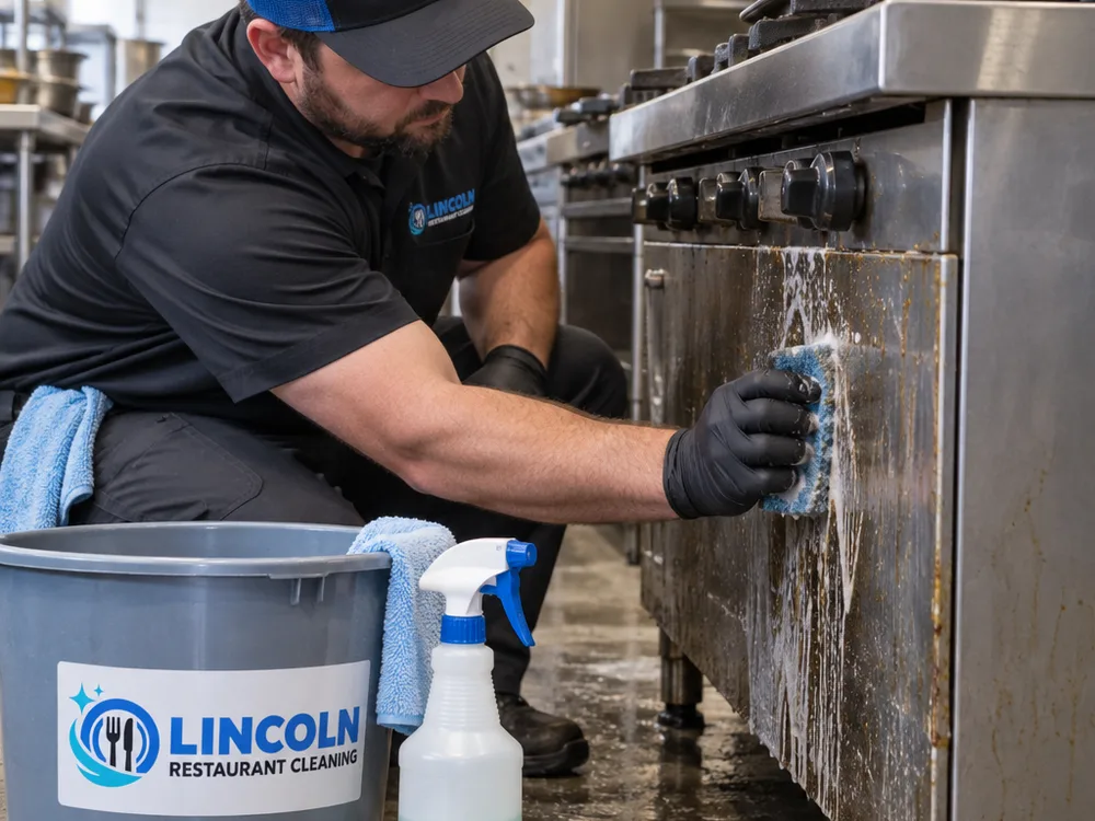 Technician scrubbing greasy buildup along a commercial range side panel and legs