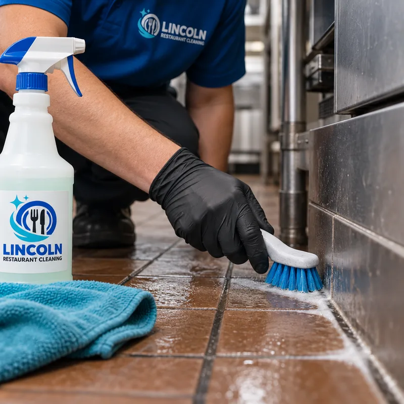 Gloved hand detail-brushing a grout line and baseboard edge on a commercial kitchen floor