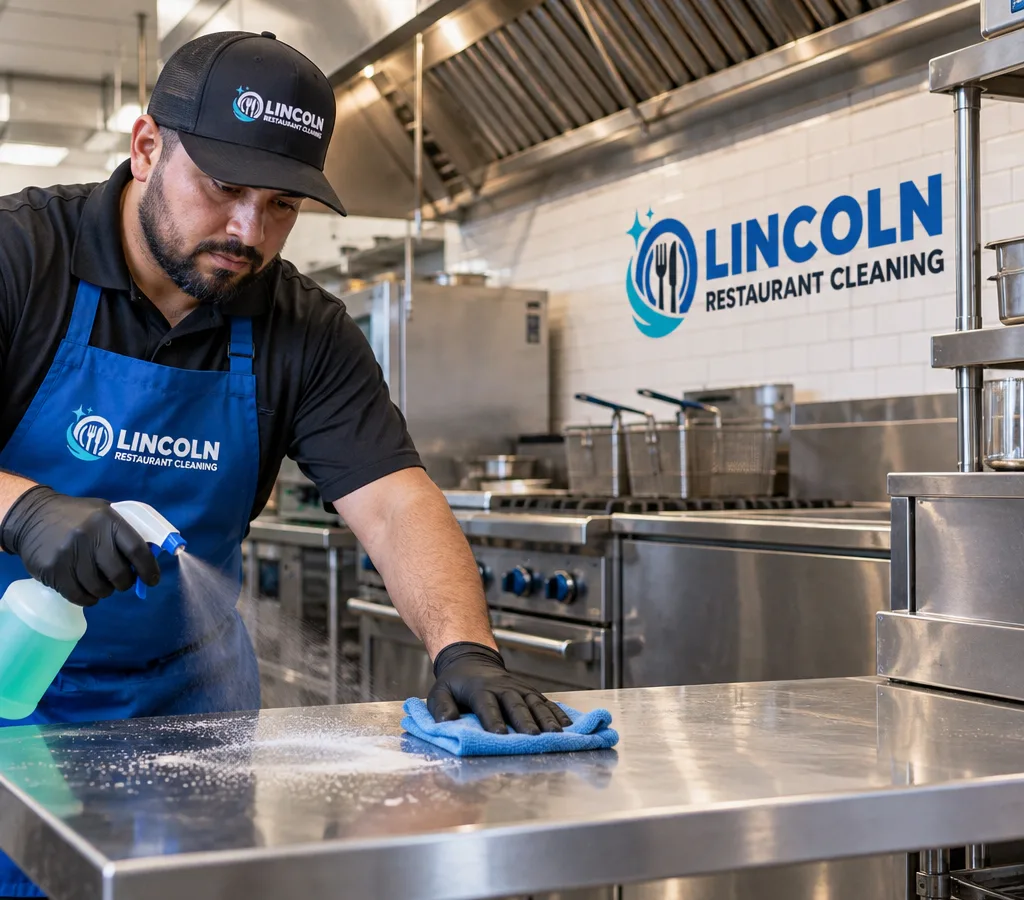 Technician cleaning stainless prep surfaces and equipment faces in a commercial kitchen