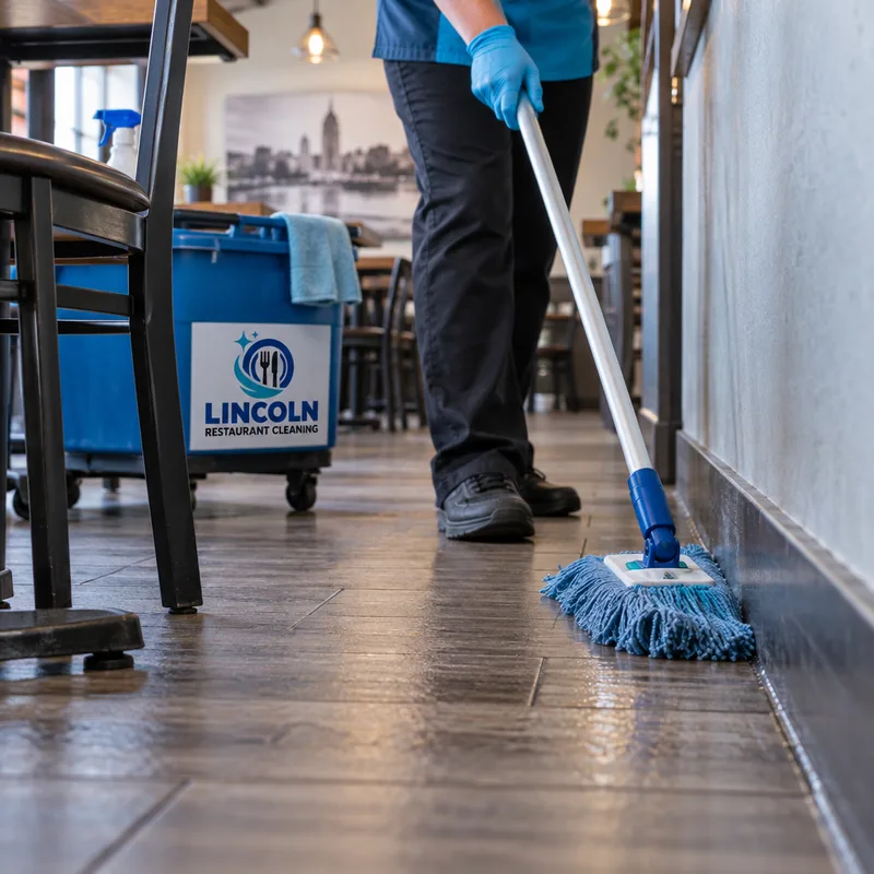 Commercial floor care along restaurant baseboards and around table legs with attention to edges and corners