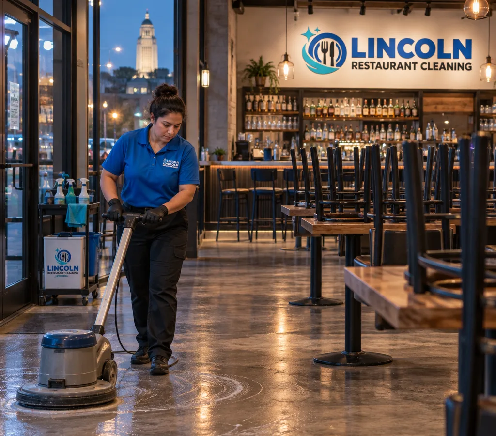 Cleaner detailing a restaurant dining area after hours with chairs raised, floors prepared, and the bar visible behind