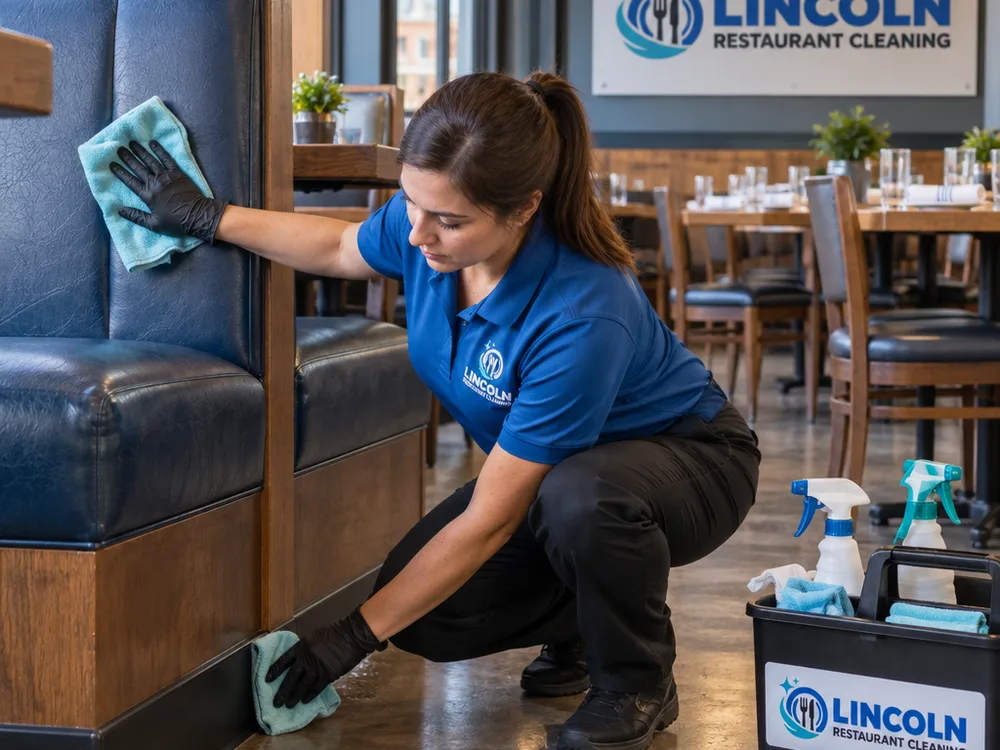 Cleaner wiping booth seating and detailing baseboards as a restaurant dining room is staged to reopen