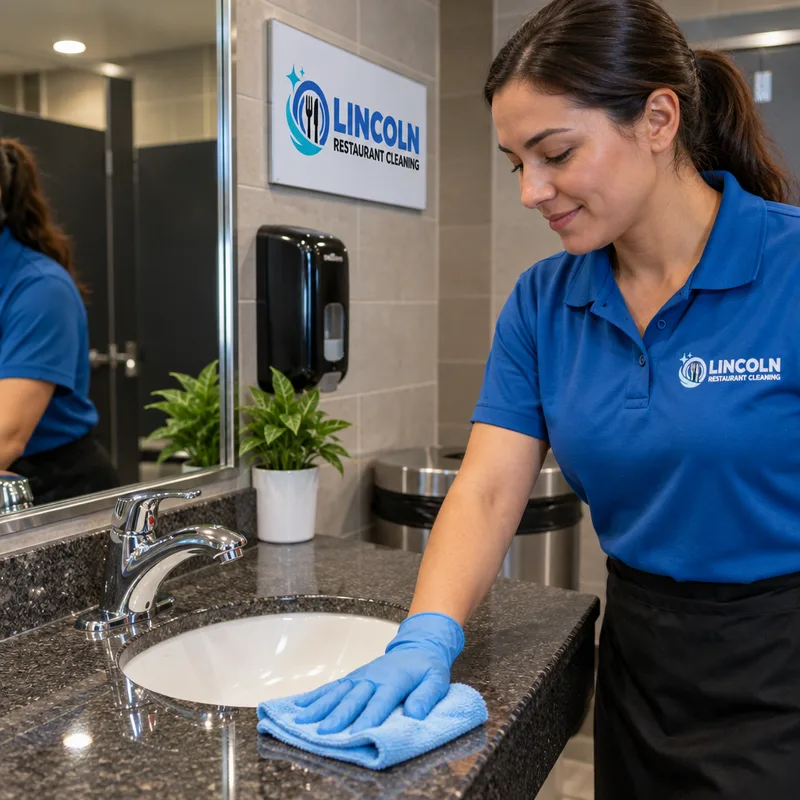 Spotless restaurant restroom sink, counter, mirror, and dispensers after cleaning