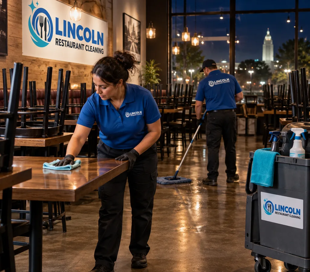 Janitorial technician cleaning a restaurant dining room at night under warm closing lights