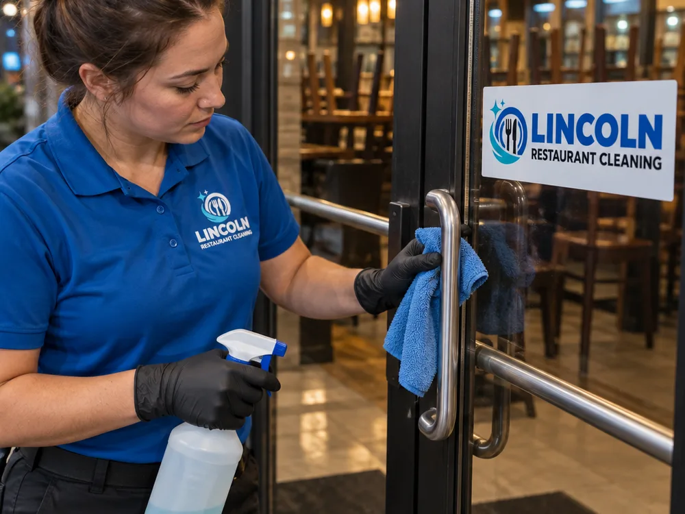 Janitorial technician detailing a restaurant entrance door handle and glass during a night shift