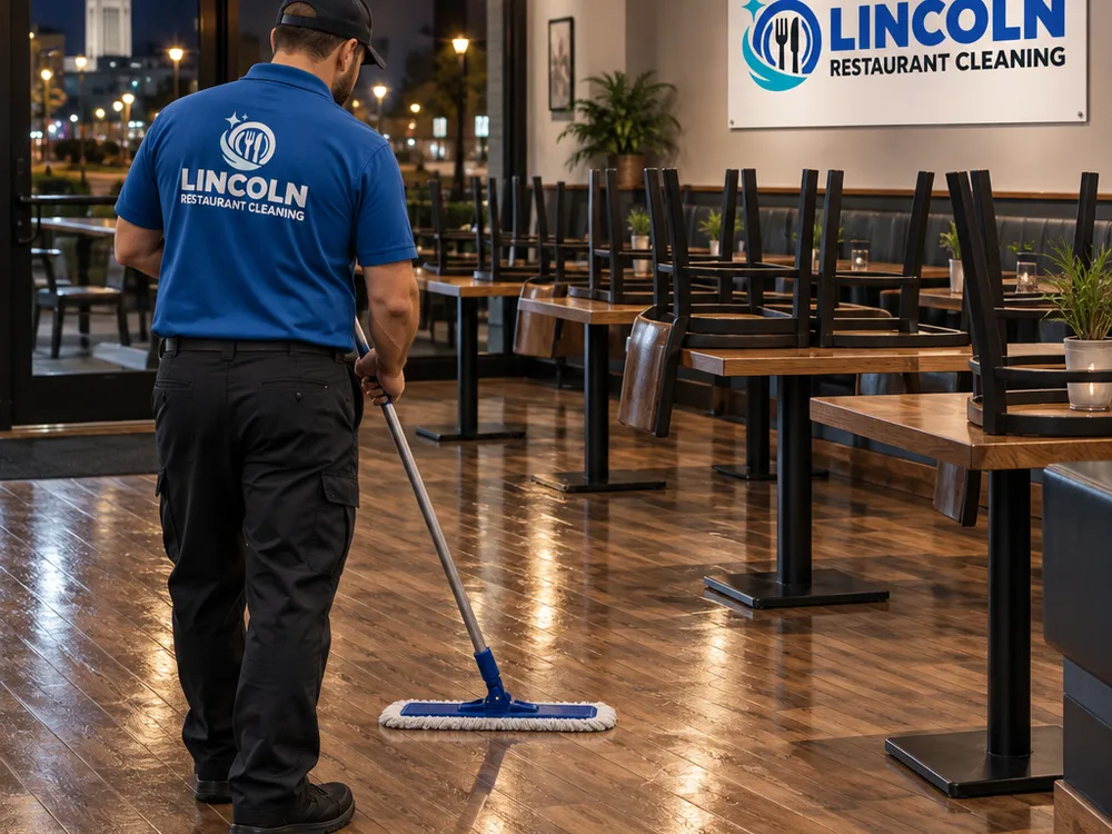 Clean restaurant dining room at night with freshly mopped floors and chairs raised