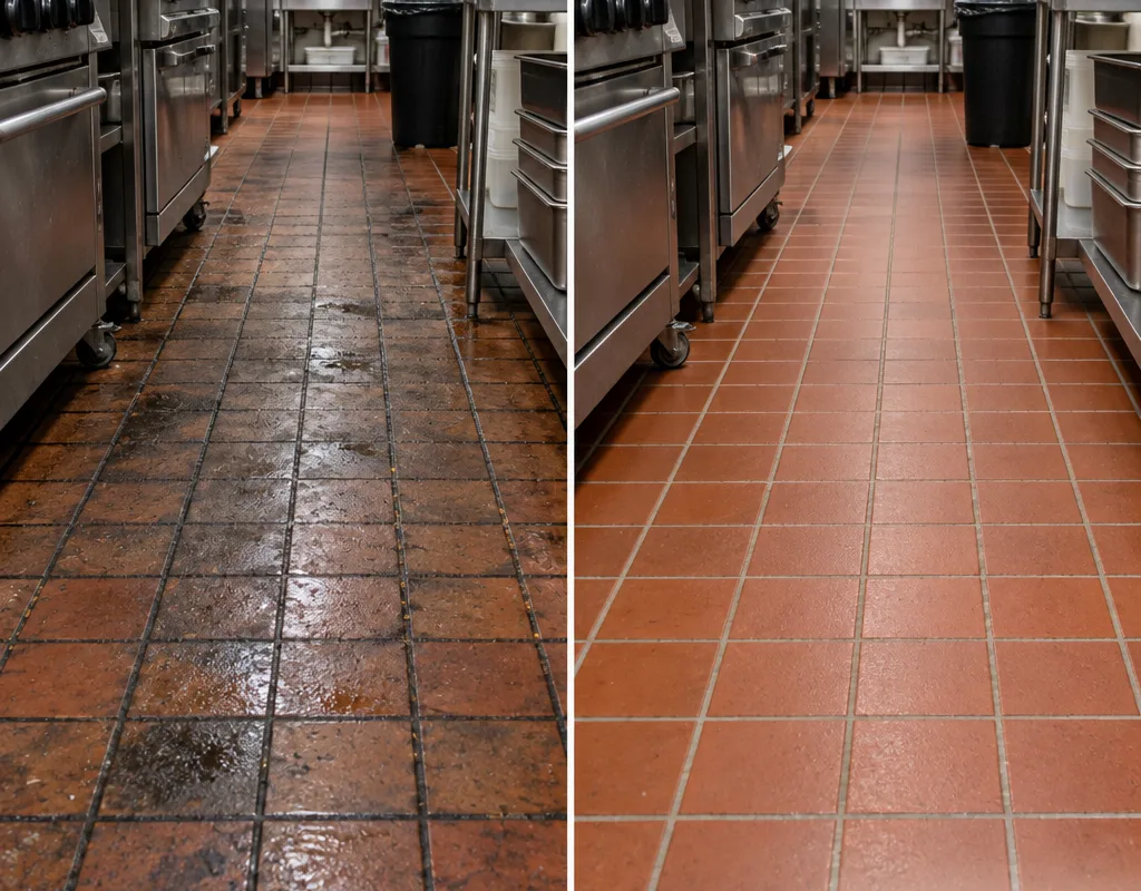 Before-and-after view of cleaned commercial kitchen quarry tile and grout lines