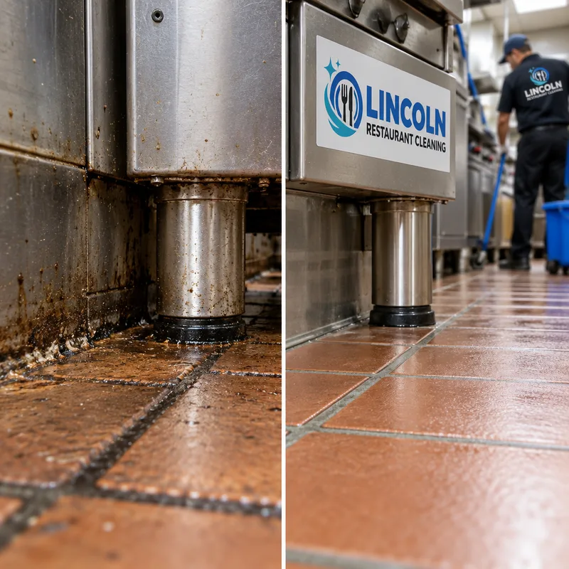 Cleaned grout lines and floor edges beside commercial kitchen equipment
