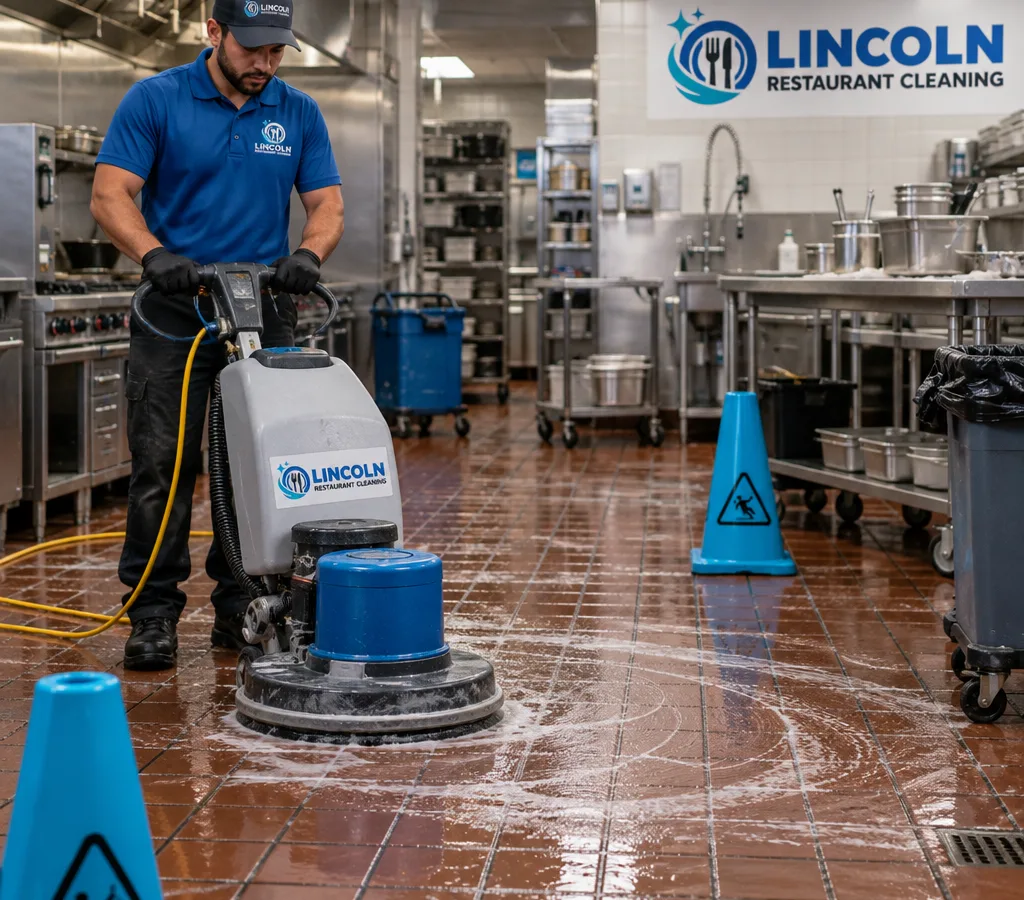 Technician using a rotary scrubber on a commercial kitchen floor after hours