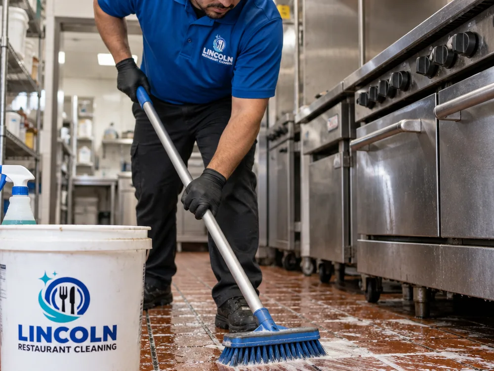 Deck brush working foamed degreaser into commercial kitchen quarry tile and grout