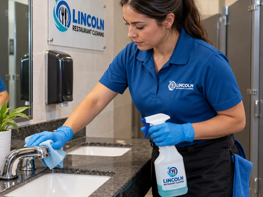 Gloved technician disinfecting a restaurant restroom faucet and counter with labeled supplies