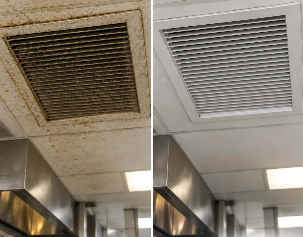 Before-and-after comparison showing dust and grease removed from a kitchen return vent and surrounding ceiling