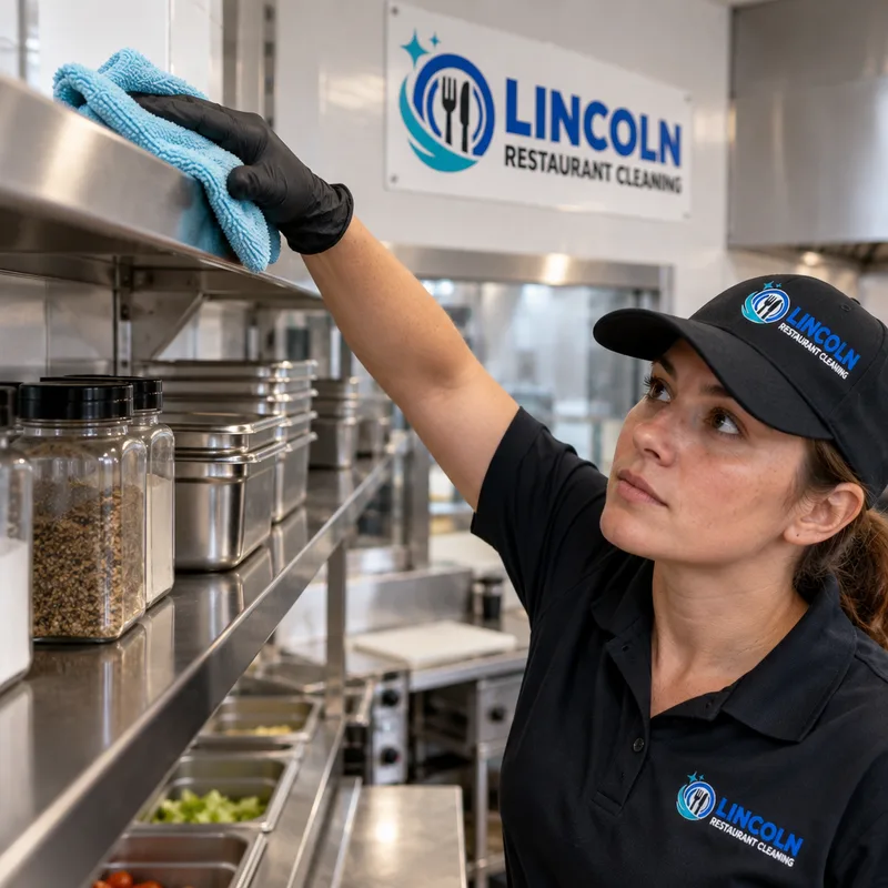 Clean upper ledges and wall-mounted shelving above a stainless restaurant prep line after high dusting