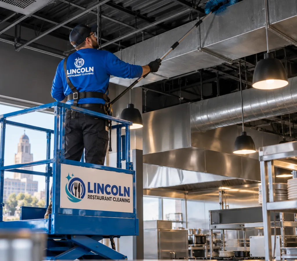 Technician on a lift high dusting rafters, ducting exteriors, and high ledges in a restaurant kitchen with controlled debris capture