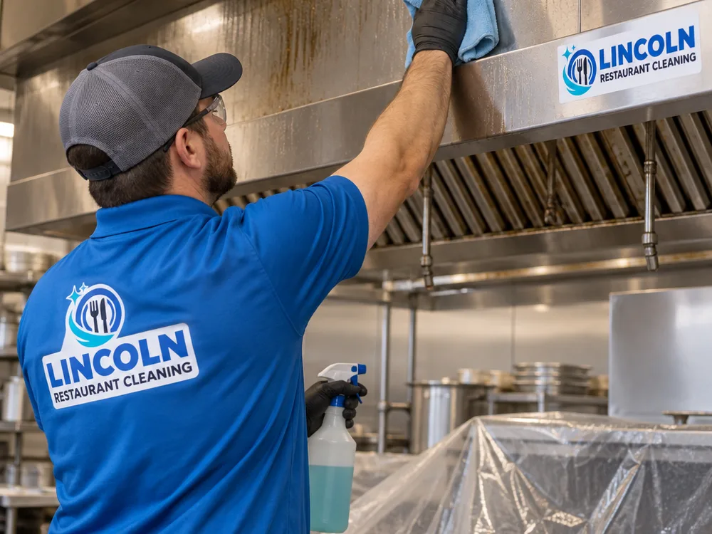 Technician removing greasy dust film from a stainless hood surround and upper wall while nearby prep surfaces remain protected