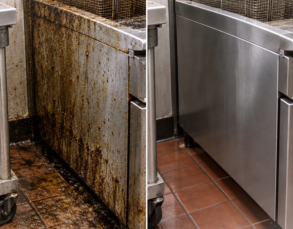 Before-and-after comparison of a greasy commercial fryer exterior and floor edge after cleaning