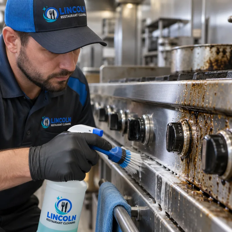 Technician detailing a greasy commercial range seam and control knob area with a brush and food-safe degreaser