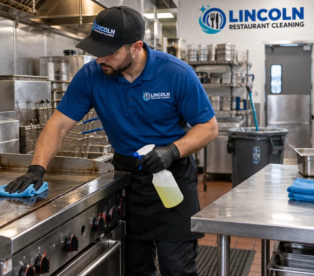 Technician cleaning stainless commercial kitchen equipment with food-safe degreaser and microfiber cloths