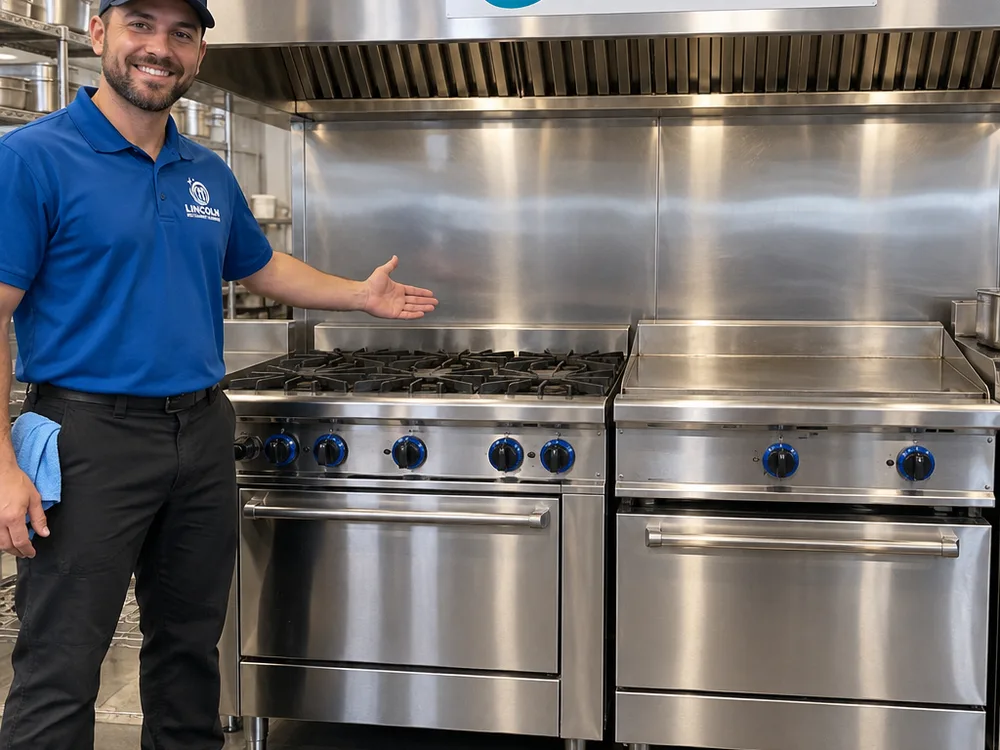 Clean stainless fronts on a commercial range, oven, and griddle without degreaser streaks