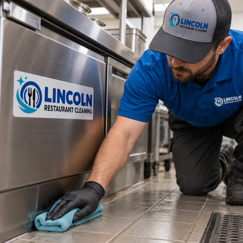 Degreased stainless equipment exterior and clean floor edge behind a commercial prep line