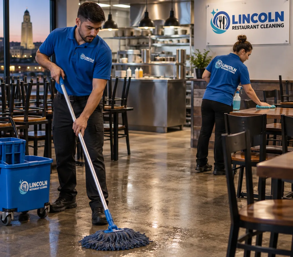 Evening restaurant cleaning with a cleaner mopping the dining area and another wiping high-touch surfaces near commercial kitchen equipment