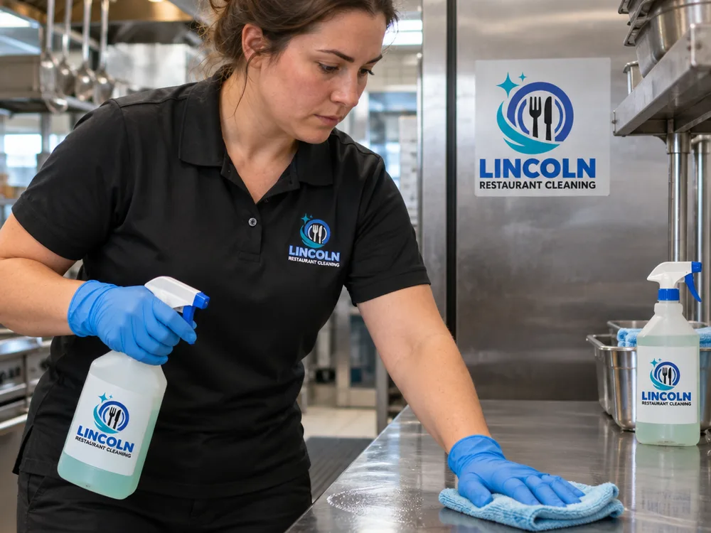 Cleaner wearing gloves degreasing stainless prep surfaces and equipment exteriors with supplies safely staged away from food