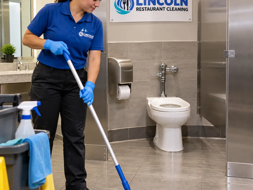 Clean commercial restroom with polished fixtures, clean partitions, and a dry detailed floor