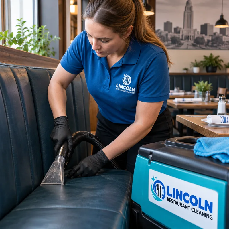 Restaurant booth seating being vacuumed and spot-cleaned along seams and corners