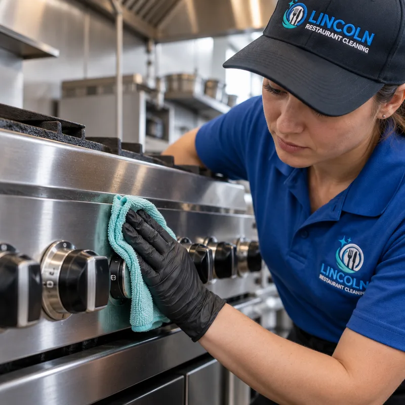 Cleaner removing grease film from stainless steel cookline side panels and control knobs