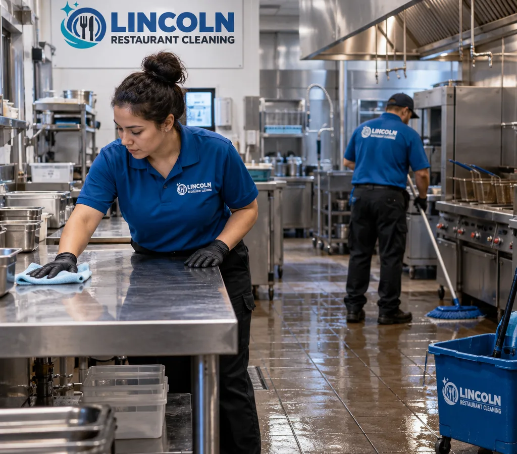 After-hours restaurant cleaner wiping stainless prep tables while floors are wet-mopped near a commercial cookline and dish area