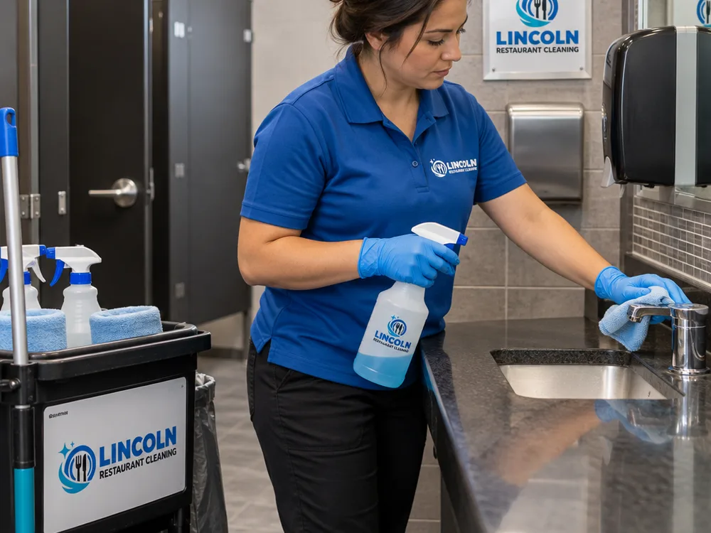 Professional cleaner detailing restroom fixtures, partitions, dispensers, and door touchpoints with supplies staged neatly