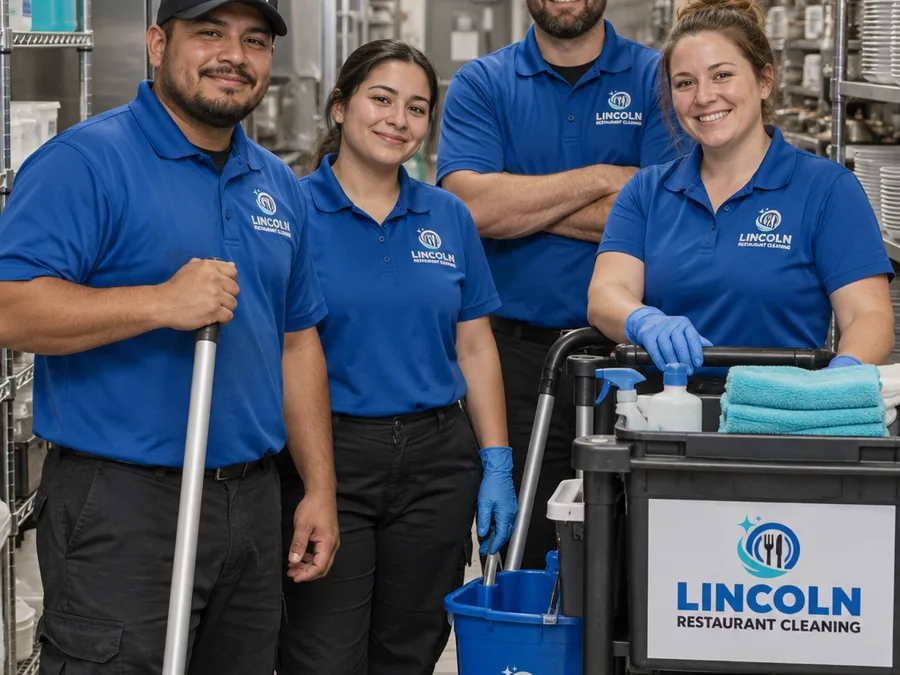 Uniformed commercial cleaning crew with carts and labeled supplies in a restaurant kitchen corridor